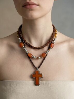 Free People Roadrunner Layered Necklace Amber Orange Cross Boho Western Statem
